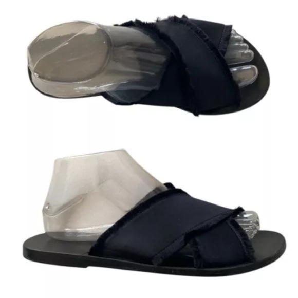 Ancient Greek Sandals Women’s 39 Black Satin Crossover Sandal Fringe - Picture 1 of 12